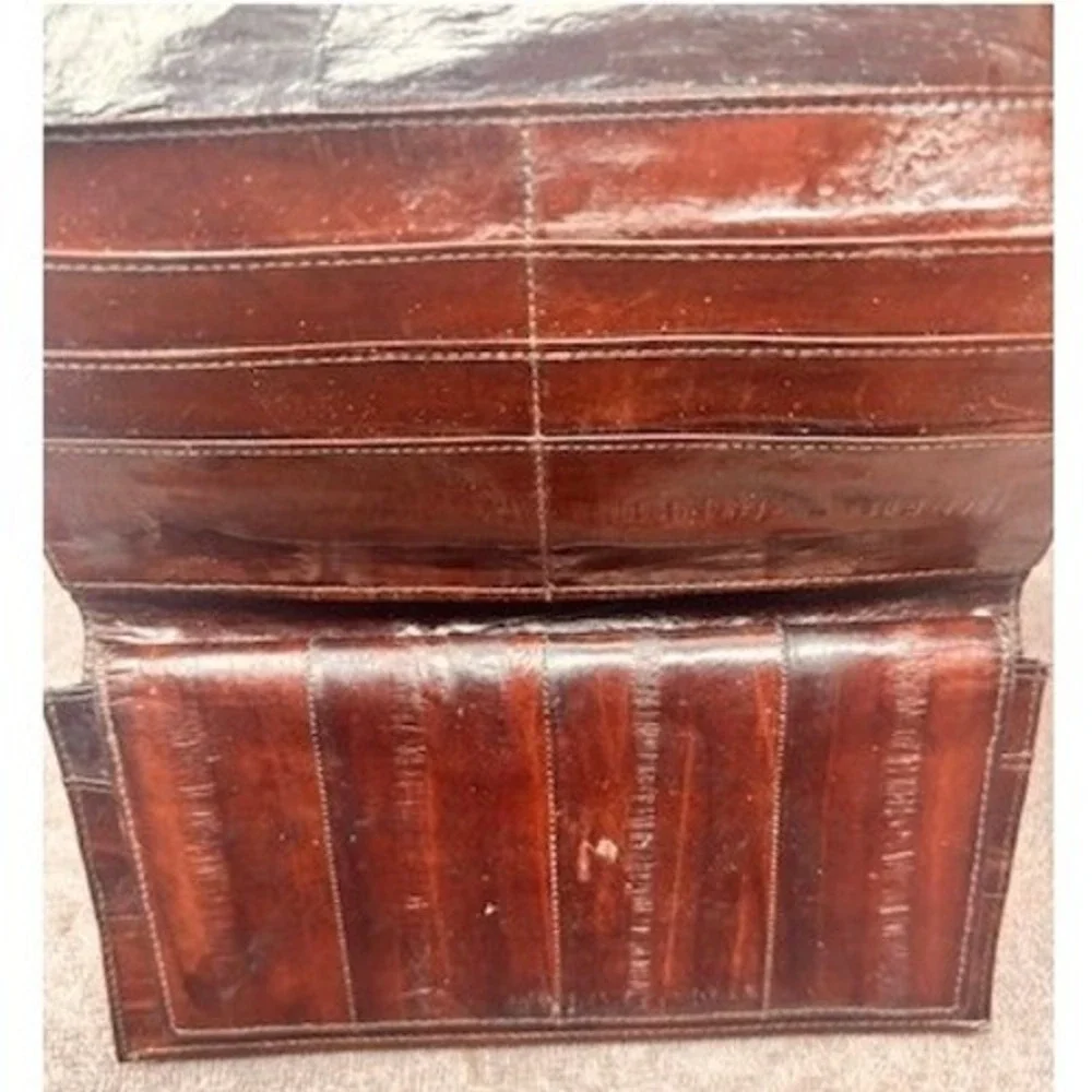 Vintage Genuine Eel Skin Leather Women's Long Wallet Clutch Dark Brown
